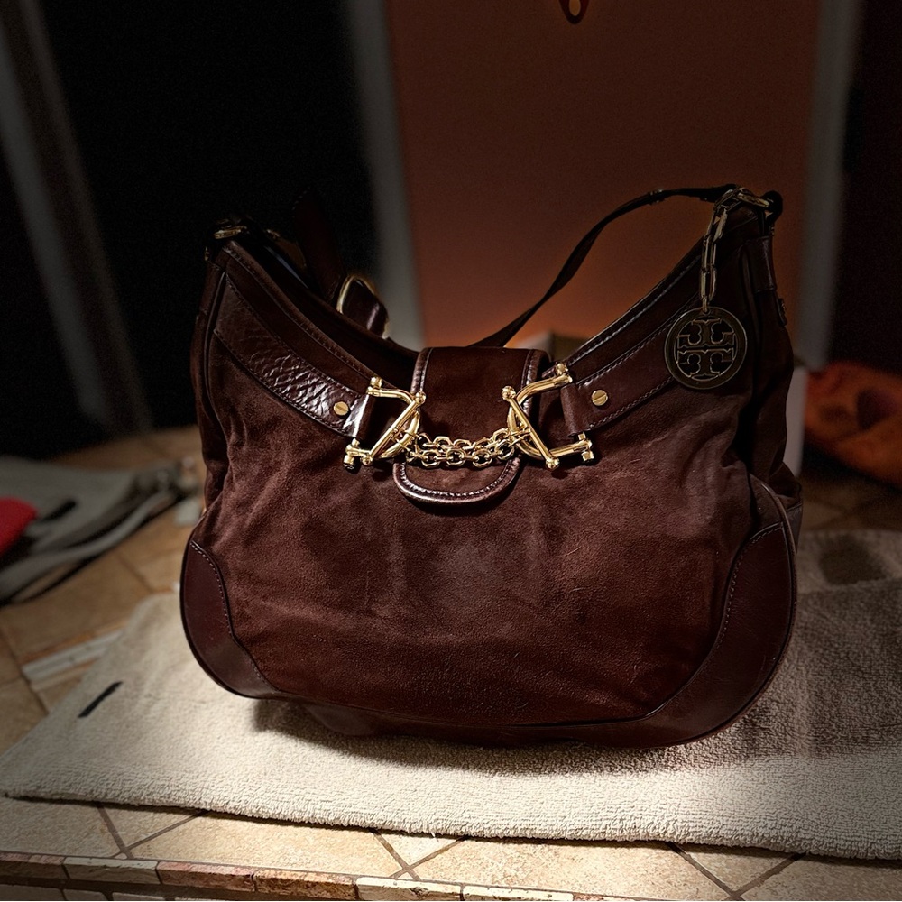 Vintage Tory Burch Brown Suede Hobo Bag with Gold Hdwe